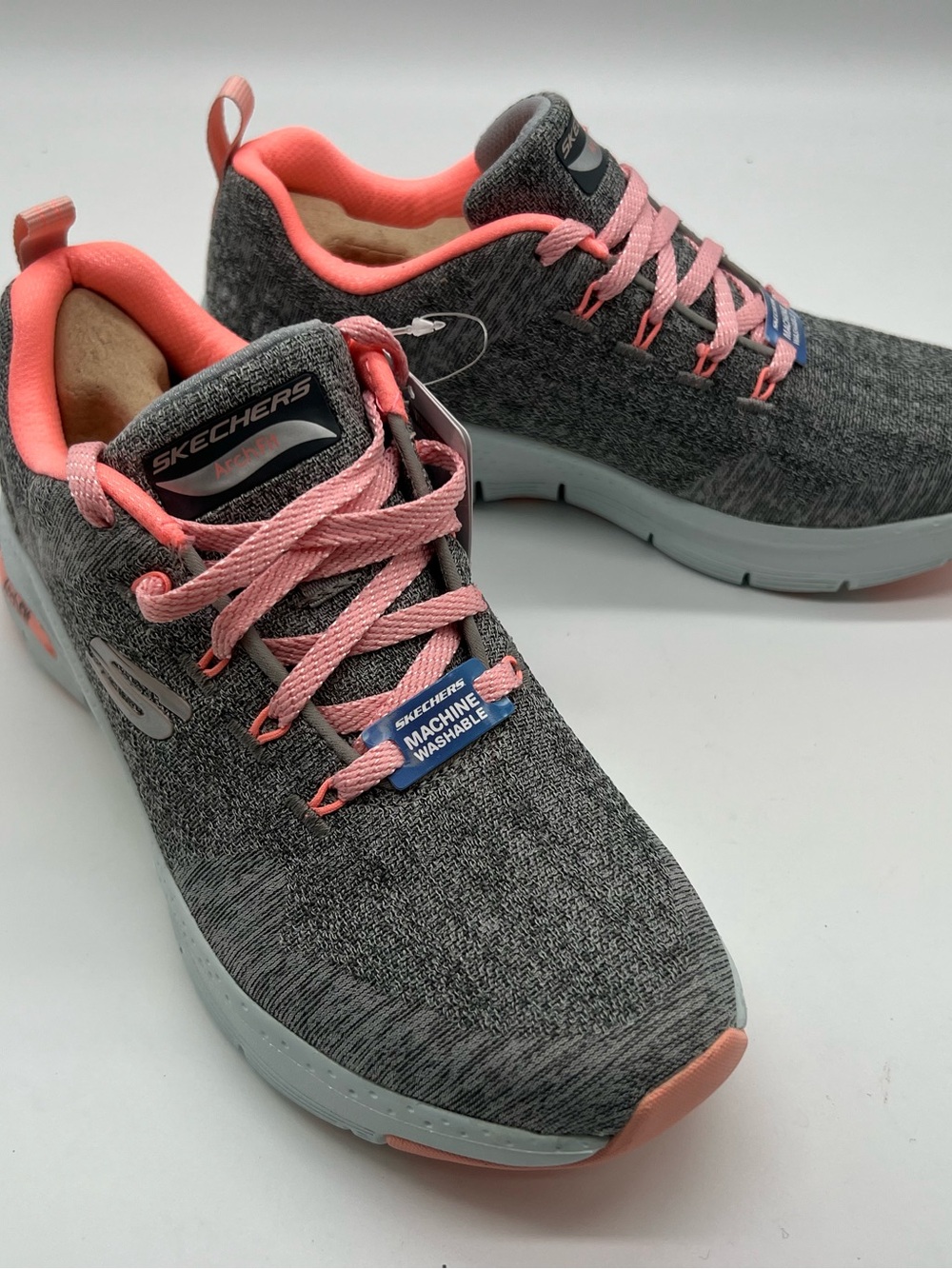 Skechers Women's Gray and Pink Slip-On Knit Sneakers